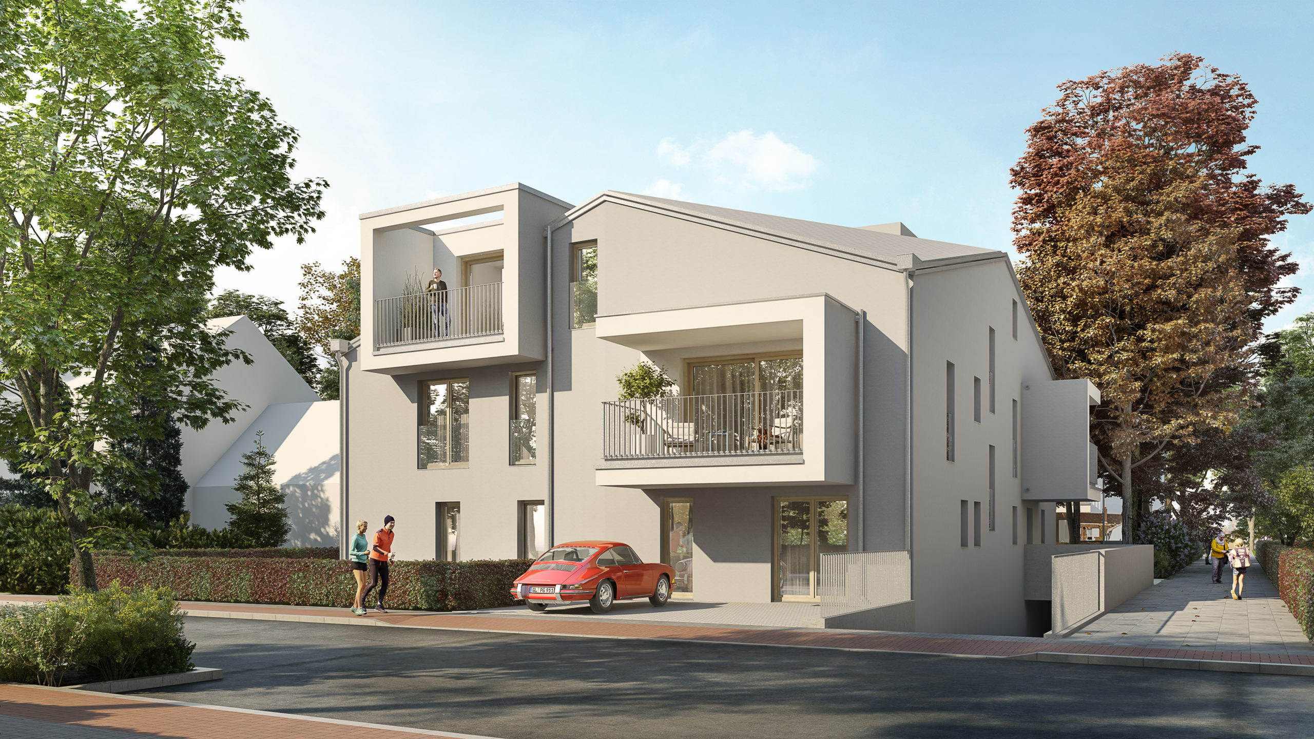 Planung Rendering eines Mehrfamilienhauses moderne Architektur mit rotem Porsche